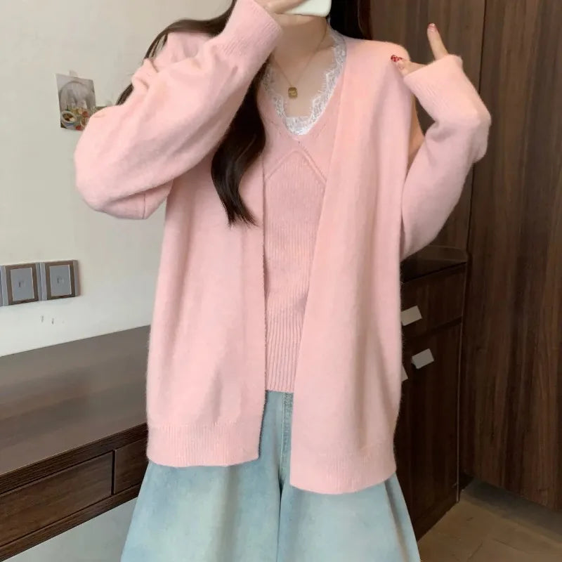 Women Clothing Spring Autumn Fashion Korean Lace Patchwork Solid Color V-neck Knitting All-match Fashionable Two-piece Set Top T