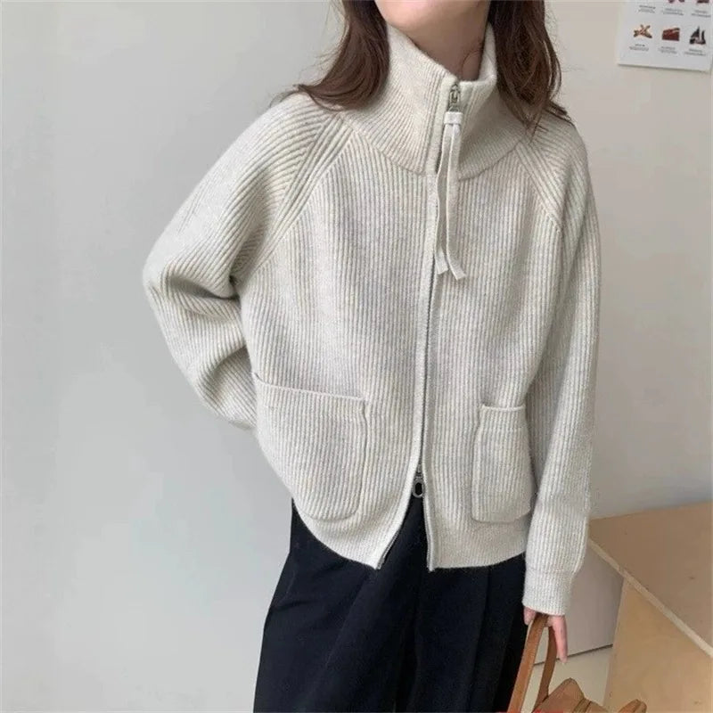 High neck double zipper pocket casual knitted cardigan for women in autumn and winter Korean style loose sweater jacket