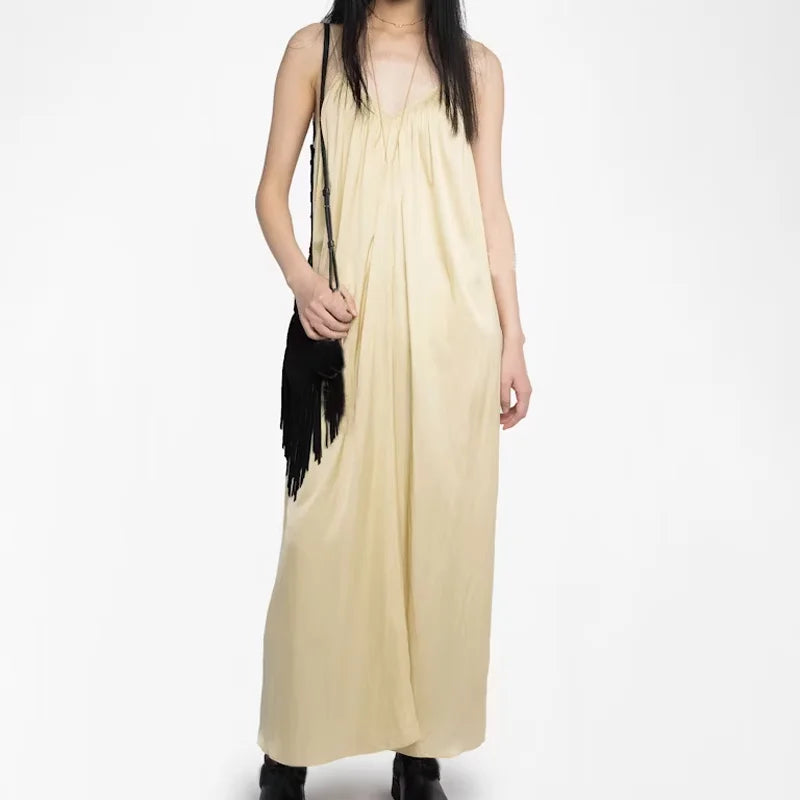 Blond Camisole Dress Female V-Neck Backless Dresses Black Lace Up Folds Robe Zadig Woemen Jupe Casual Polyester Summer Jupe Robe