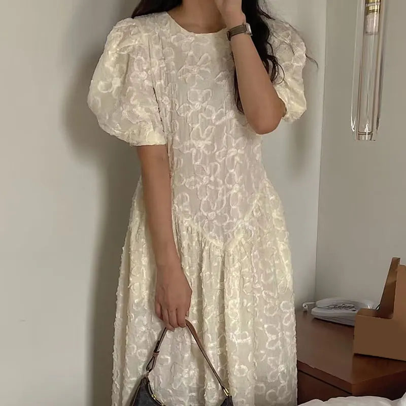 Chic Spring Gentle Elegance round Ne 3D Flower Design Bubble Sve Maxi Dr Women's Faion Korean Sle High Waist Long...