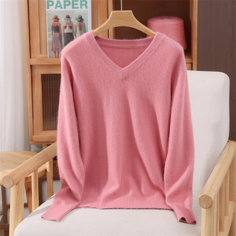 Versatile Autumn Winter Sweater Women's Clothes 100% Mink Cashmere Sweater Pullover Casual Warm V-Neck Long Sleeve Pullover Knit