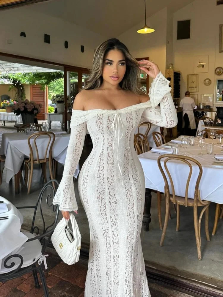 Elegant Women White Lace Hollow Out  Printed Flower Long Dress Fashion Long Sleeve Slim Midi Robe  Chic Lady Party Club Gown