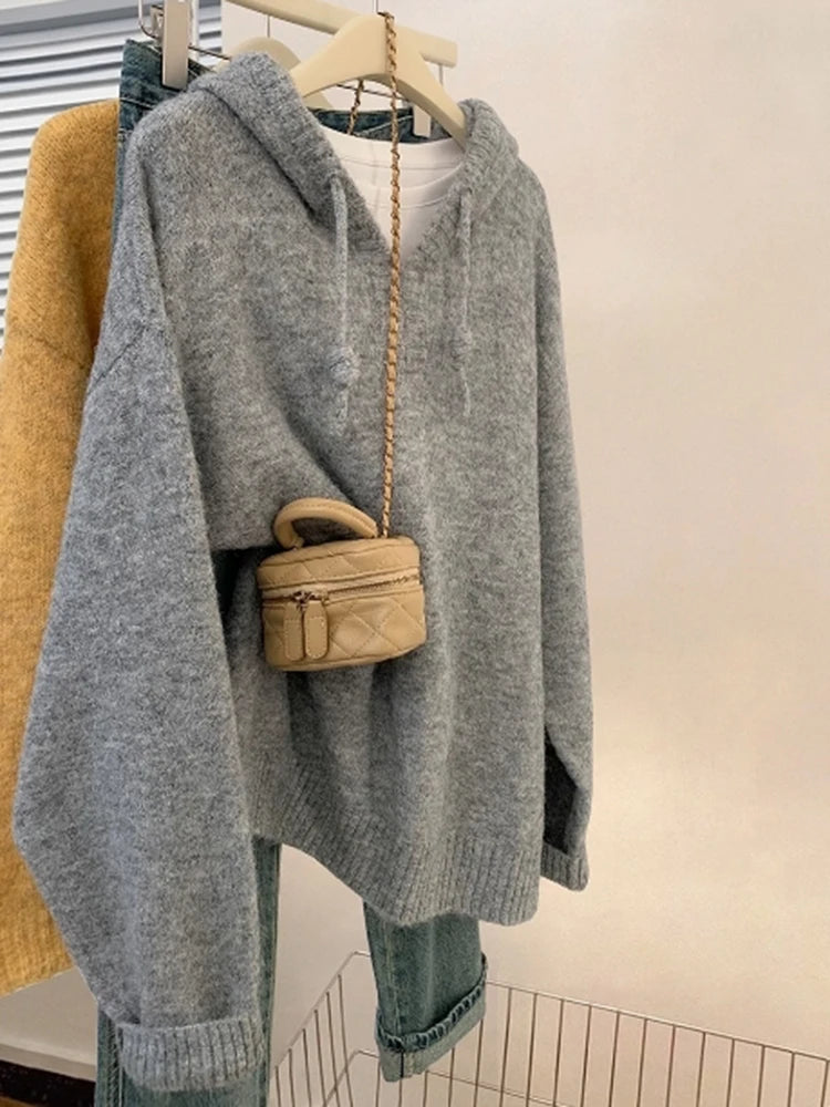 Loose Hooded Sweater Women Casual Versatile Knitted Tops Lazy Style Pullover Autumn Winter Female Chic Daily Warm Sweaters