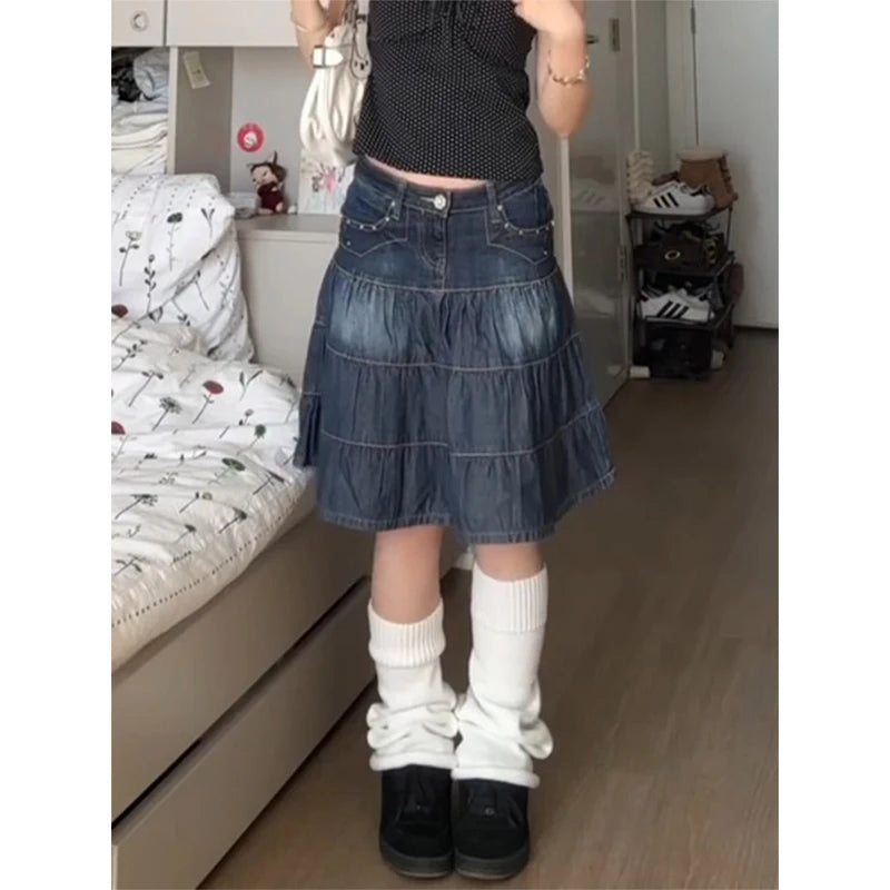 MEXZT Y2K Denim Mini Skirt Women Harajuku Vintage Pleated Jeans Skirts Summer Gyaru Gothic Grunge Korean Casual A Line Faldas