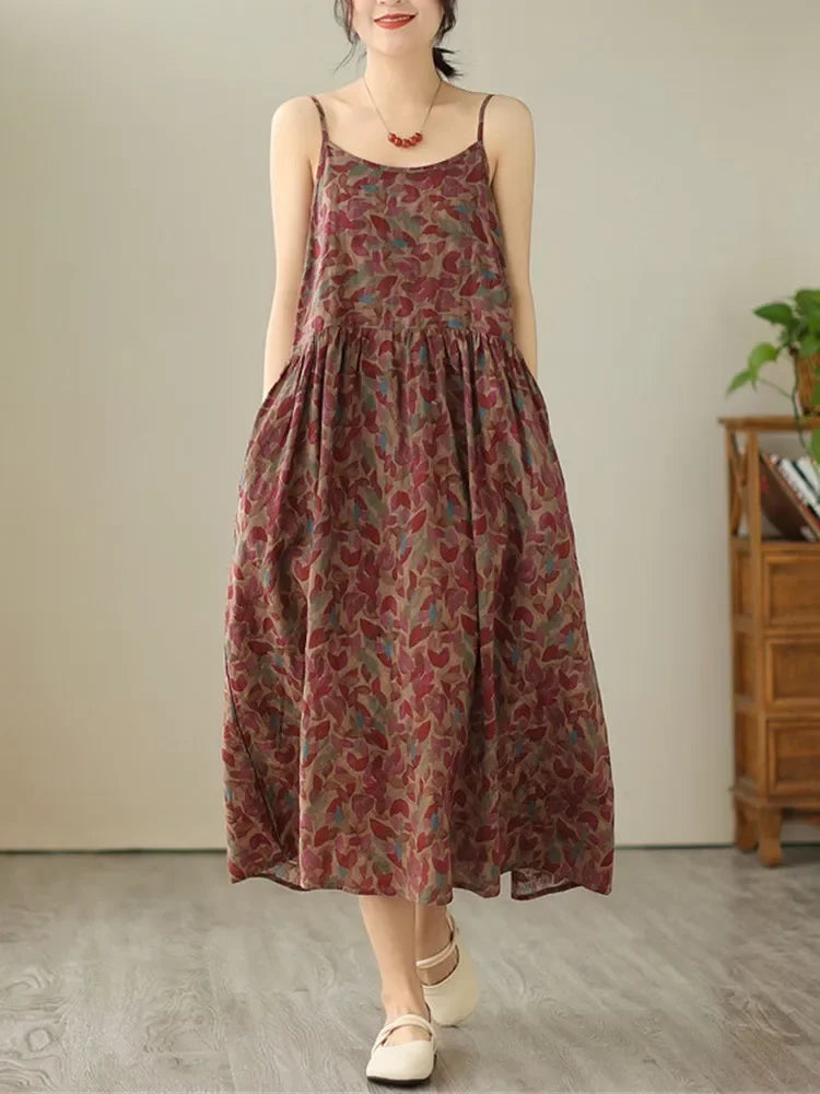 Anteef sleeveless strap cotton vintage floral new in dresses for women casual loose long summer dress elegant clothing 2025