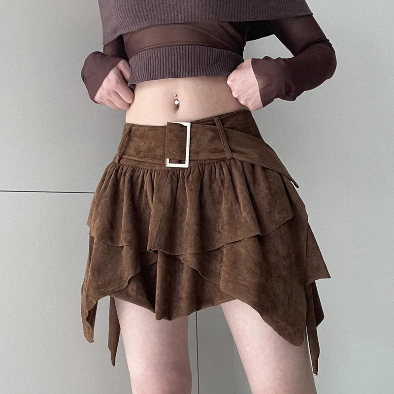 Asymmetrical Multi Layer Mini Skirt with Belt 2 Piece Set Brown Vintage Grunge Slim Streetwear Korean Skirts 2025