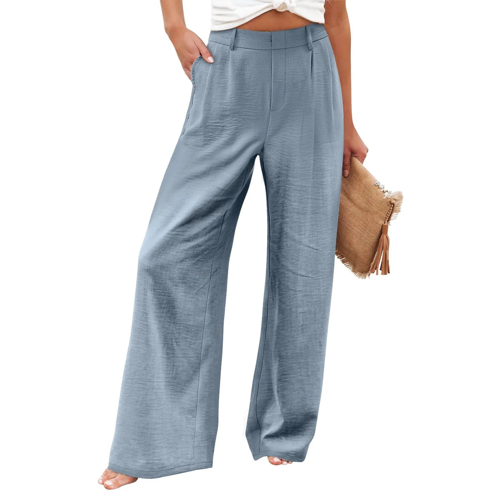Women's Pants Summer Cotton Linen Wide Leg Pants Full Length Casual Solid Loose High Waist Straight Trousers Women Button Pants