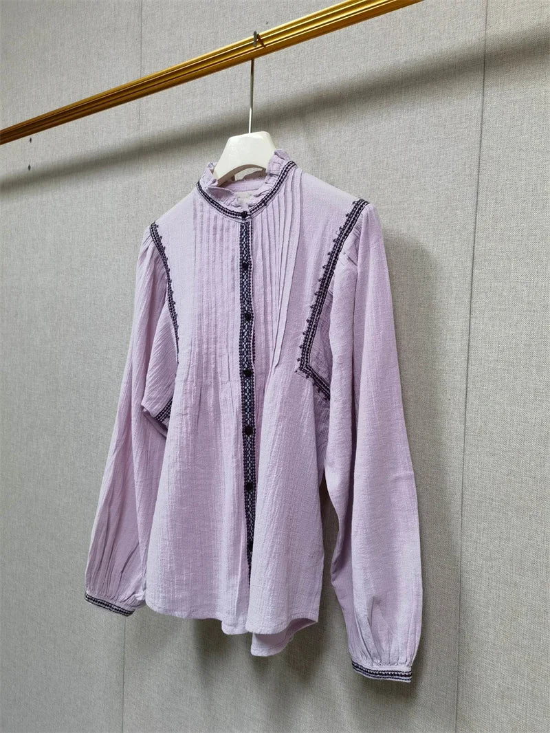 Embroidered Trim Women's Pleated Shirt Stand Collar Long Sleeve Female Single-Breasted Blouse and Top