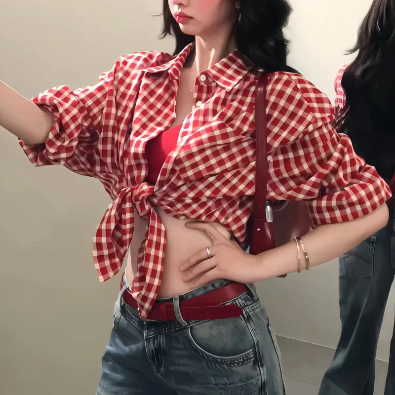 Red Retro Plaid Short Sleeved Shirt for Women Fashion Summer 2025 New Casual Loose fit Shirt Top