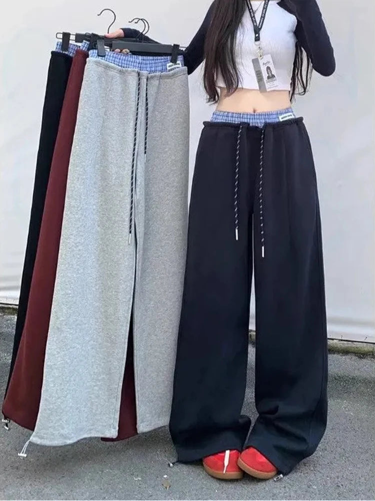 Sports Wide Leg Pants Women Lace Up Plaid Patchwork High Waist Streetwear Trouser Fall Vintage Loose Casual Straight Sweatpants
