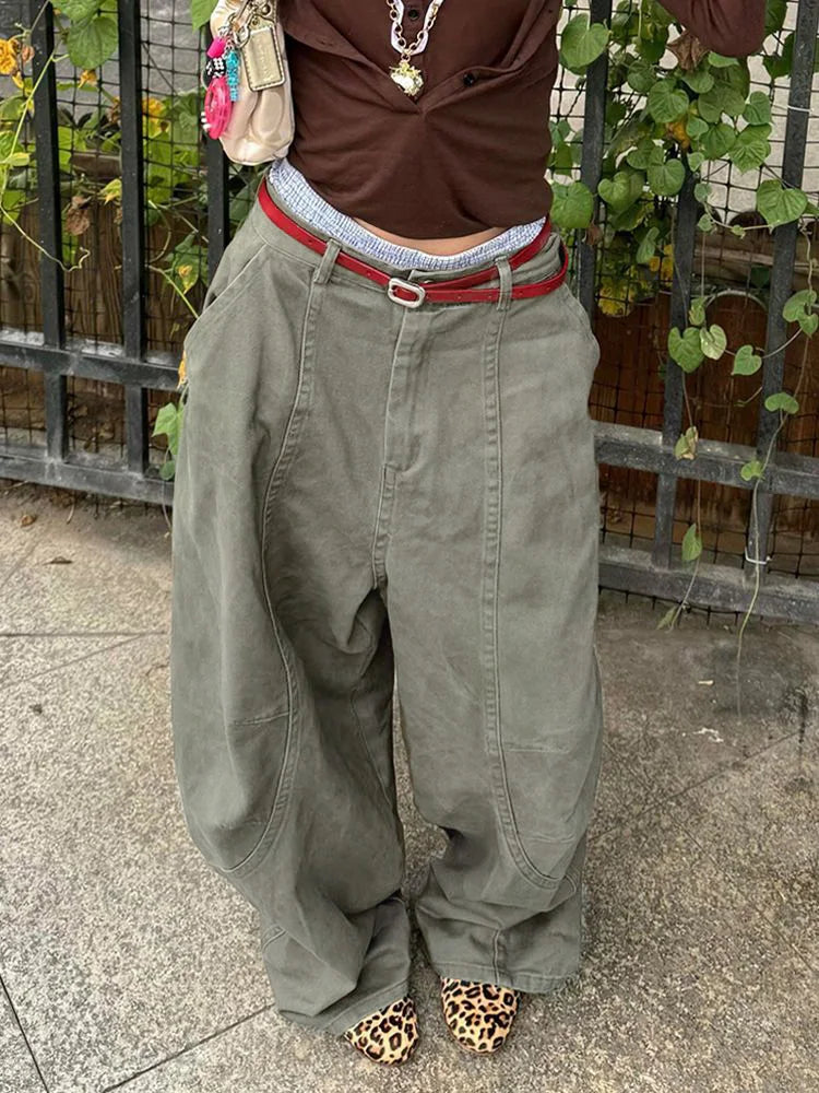 HOUZHOU Y2K Vintage Women's Cargo Pants Harajuku Oversize Wide Leg American Retro Pants Baggy Casual Summer Thin Trousers Gyaru