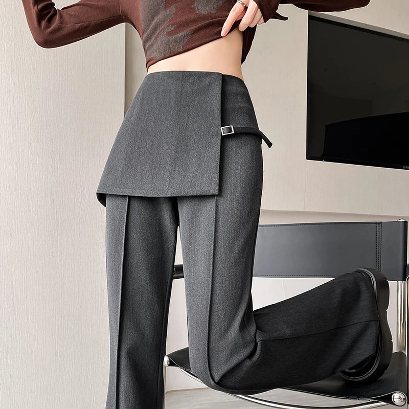 Gray Irregular High Waist Fake Two Pcs Flare Suit Pants Loose New Trousers Women Fashion Tide Spring Autumn 2025