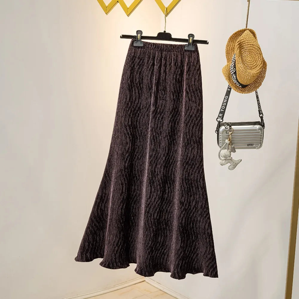 Casual chic High Waist velour Long Pleated Skirts Korean Streetwear Fashion mermaid Autumn Plus Size Clothing