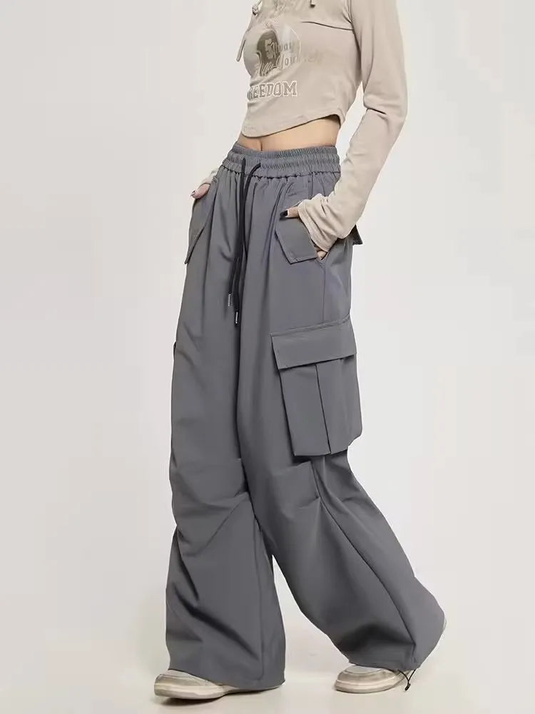 Plus size Spring and summer vintage large pocket casual work pants with drawstring and drawstring  wide leg pants for women