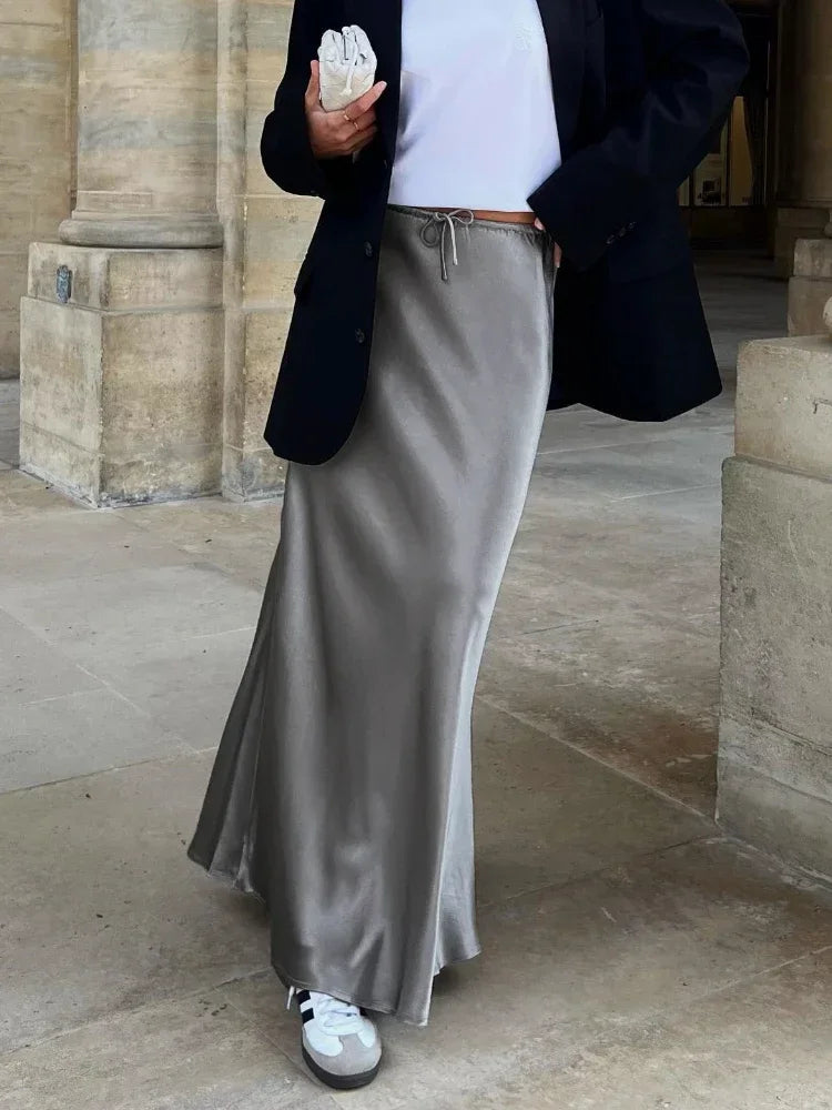 Grey High Waist Skirts for Women Fashion Temperament Elegant Black Satin Skirt Classics Versatile Slim Long Skirt Summer New