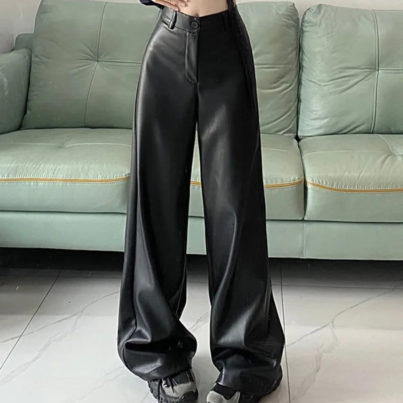 2024  retro casual leather pants women's autumn new Korean version high waisted slimming wide leg pants floor pants trend