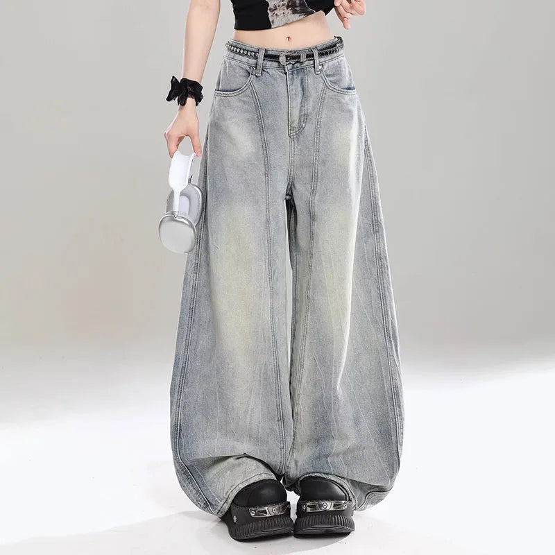 Korean Retro Jeans Made With Curved Knife And Wide Leg Autumn Loose Straight Leg Pants Women'S High-Waisted Jeans