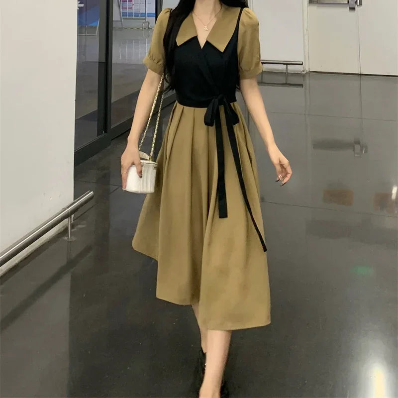Summer Women Daily Slim Fit Ruched Dresses Lady Versatile Satin Outfits Midi Dresses Female Gentle Formal Occasion Tie Up Dress