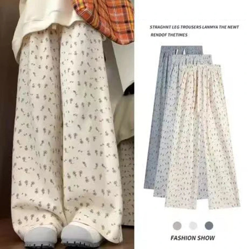 Girls Chic Flower Printed High Waist Trousers Women Elegant Designer Thin Pants Lady Fashion Casual Straight Leg Pants