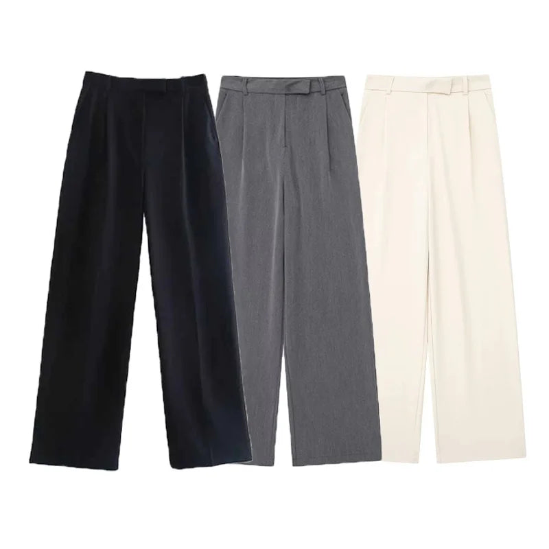 HXAO Women's Elegant Pants 2025 Spring Beige Grey Black Wide Leg Long Pants Fashion Casual Office Loose Trousers For Female