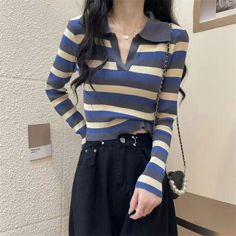 Long-sleeved Headband Striped Contrasting Women's Sweater Casual Elegant Fashionable Top