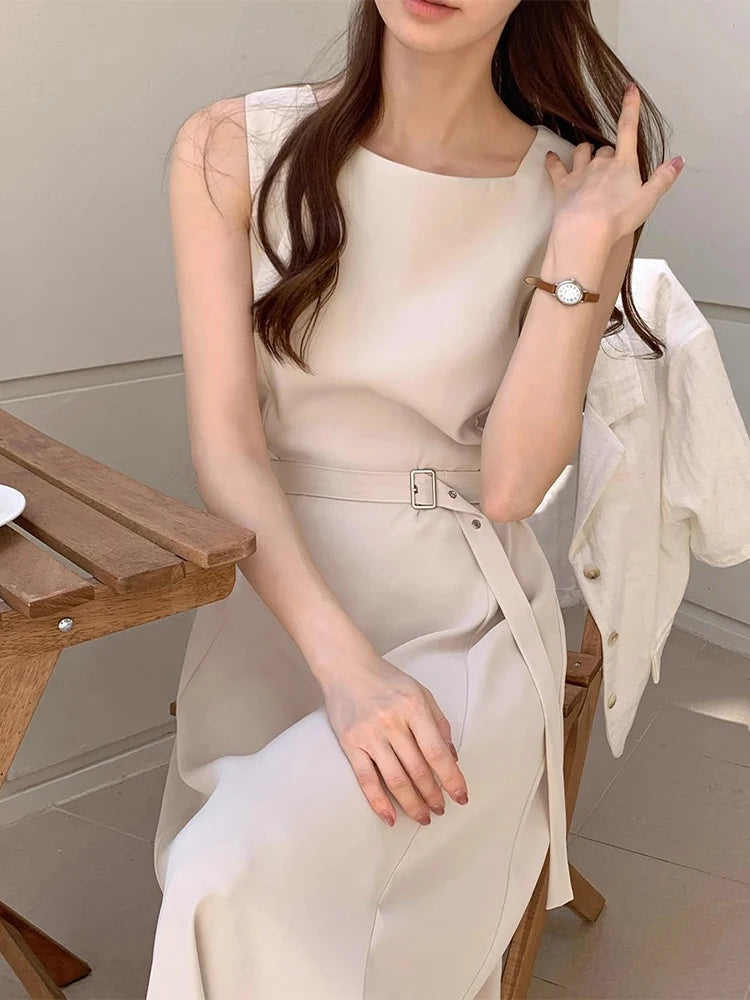 Ele Summer New Sle Women's Vest Dr Hang Sensation Square Collar Waist in Long Skirt Svel High Waist Korean Ver...