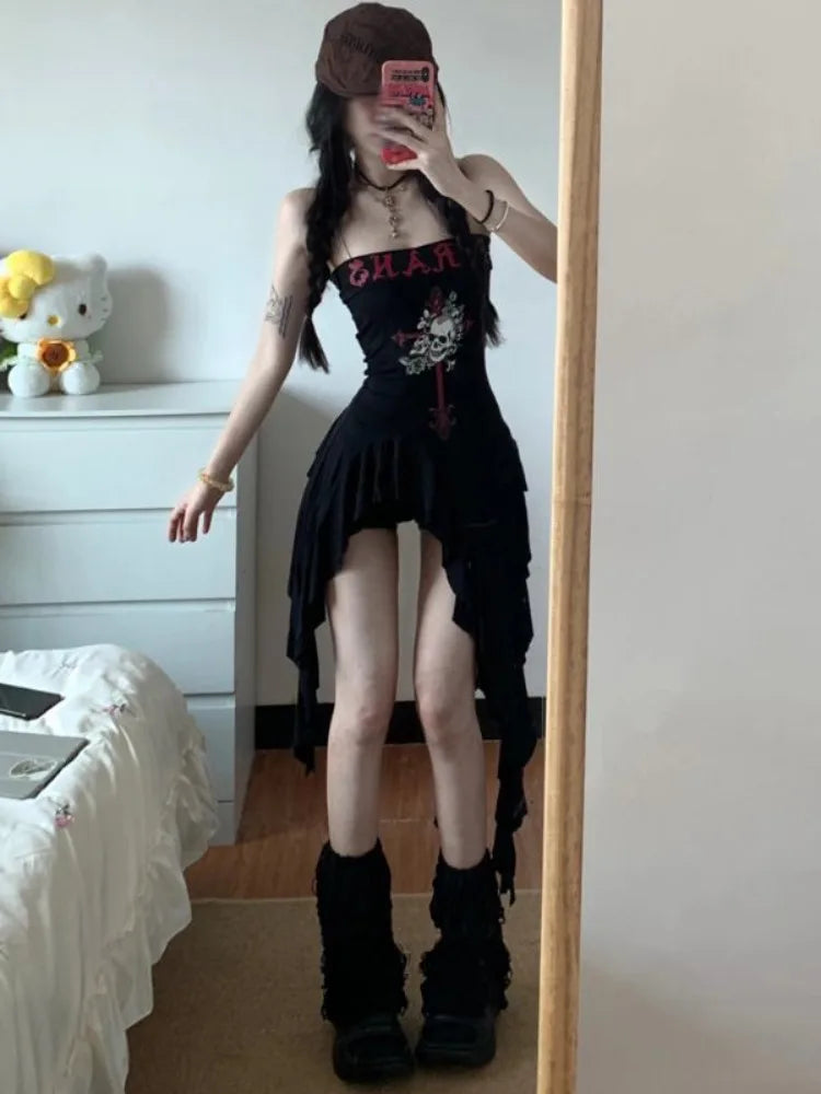 Elegant Irregular Black Strapless Dress for Women 2025 Summer New Slim Fit Dresses Y2k High Waist Ruched Vestidos De Mujer