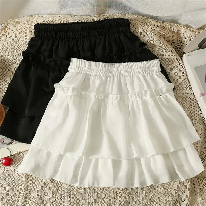 Summer Kawaii White Ruflles Skirt Women Fashion Slim Fit Mini Skirts Giris Y2k All Match Elastic High Waist Black Faldas