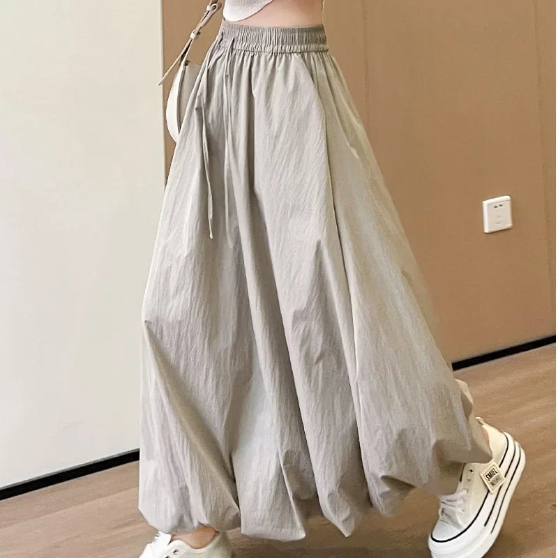 Solid Color Casual Long Skirt for Women 2024 Summer Fashion Women's Bubble Skirt Female Korean High Waist Elastic A-Line Skirt