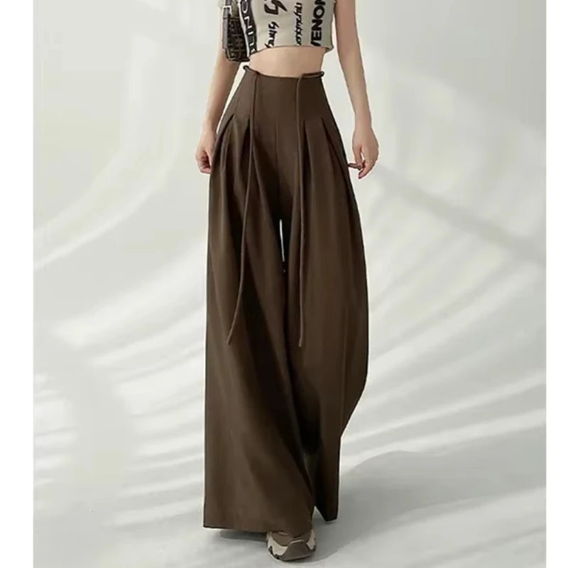 Streetwear Wide Leg Pants Women Korean Black High Waist Suit Pants Summer Fashion Elegant Lace Up Straight Trousers New