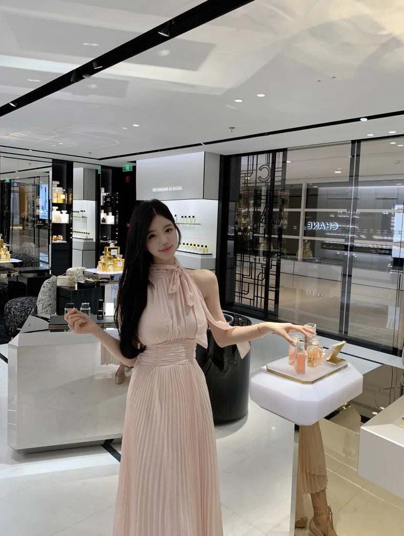 Ins Korean Summer 2025 Hanging Neck Dress With Hundred Fold Elegant Women's Long Dresses