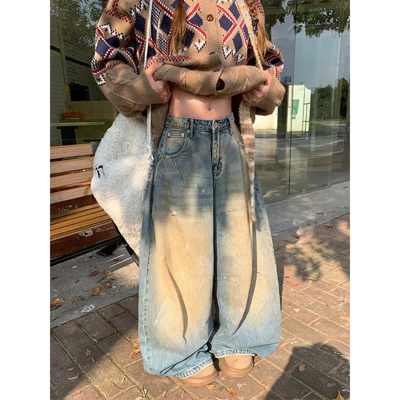 Women's Blue Goth Y2k Jeans Harajuku Vintage Oversize Bent Knife Denim Trousers Japanese 2000s Style Baggy Hip Hop Jeans Pants
