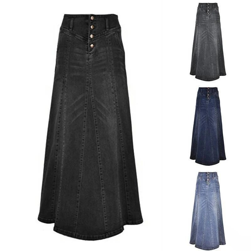 Women Vintage Denim Skirt High Waist 2024 Autumn Streetwear A Line Washed Solid Color Pockets Buttons Female Long Skirts