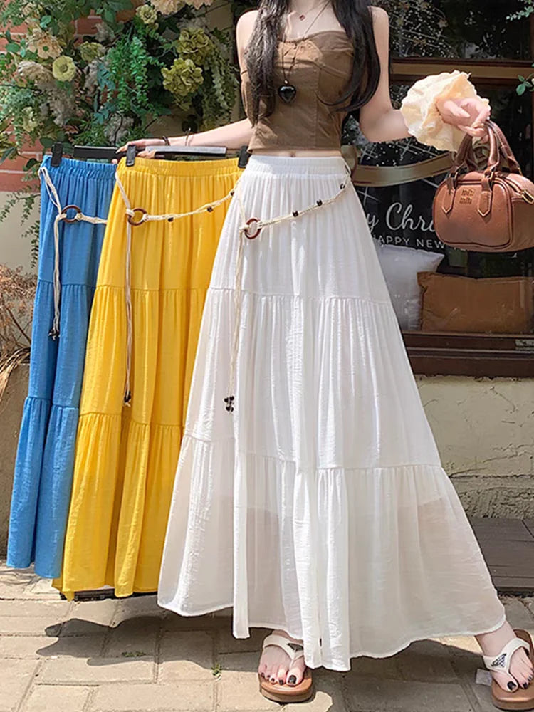 Boho Summer Cotton-Linen Midi Skirt: Flowy A-Line Pleated Long Skirt with Slimming Fit & Hip-Hiding Design for Resort Vacations