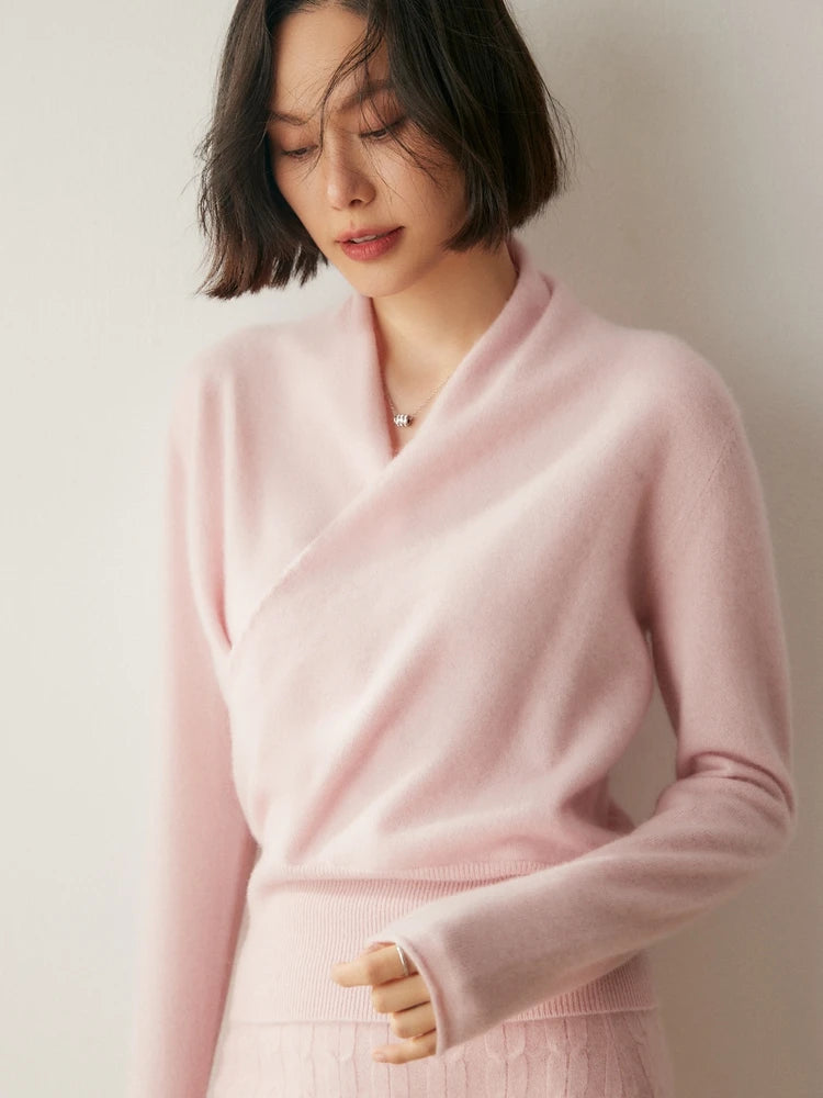Women's 100% Cashmere Sweater Crossover Collar Pullover Office Lady Basic Grace Cashmere Knitwear Autumn Winter Tops