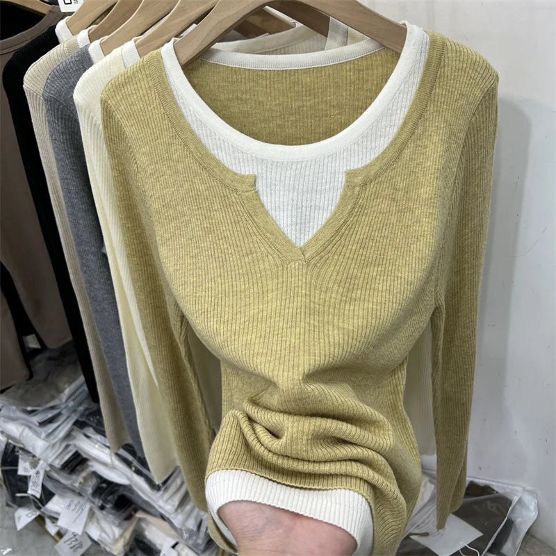 Splicing Fake Two-piece Long Sleeved Knitted Sweater Spring Autumn Women Casual Bottoming Knitwear All Match Female Tops