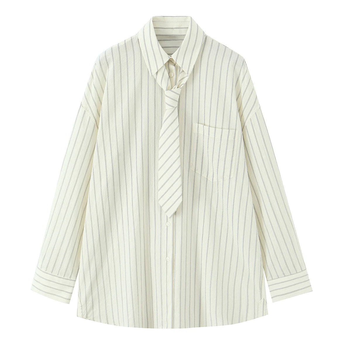 PB&ZA2025 autumn new women's casual fashion temperament loose versatile striped tie lapel long-sleeved shirt top