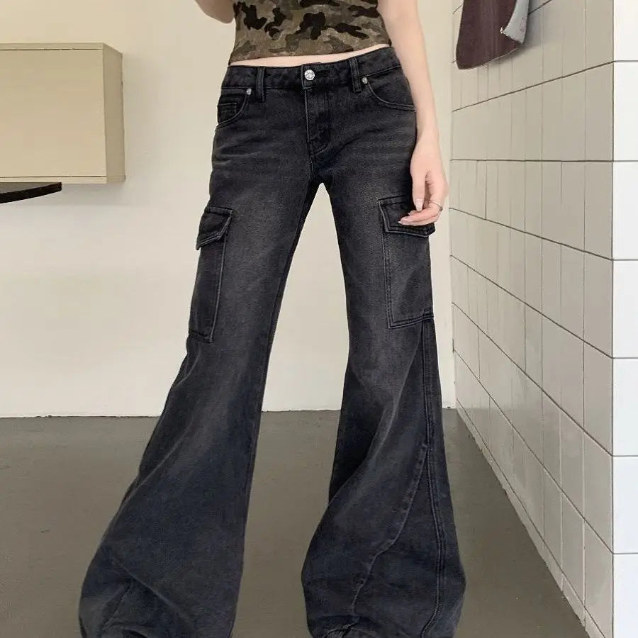 Embroidered Woman Jeans Palazzo Wide Legged Drapey Fluid Ladies Female Denim Trousers Fashion Elegant Chic Trendy Modern High