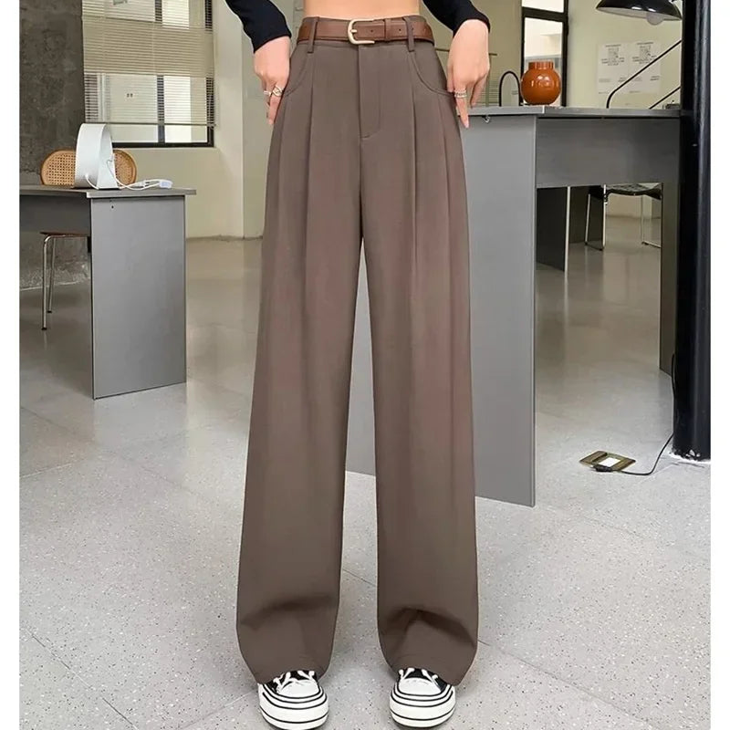 Korean Style Women Classic Suit Pants Office Lady Fashion High Waist Loose Straight Wide Leg Trousers Female Slacks Gray Pants