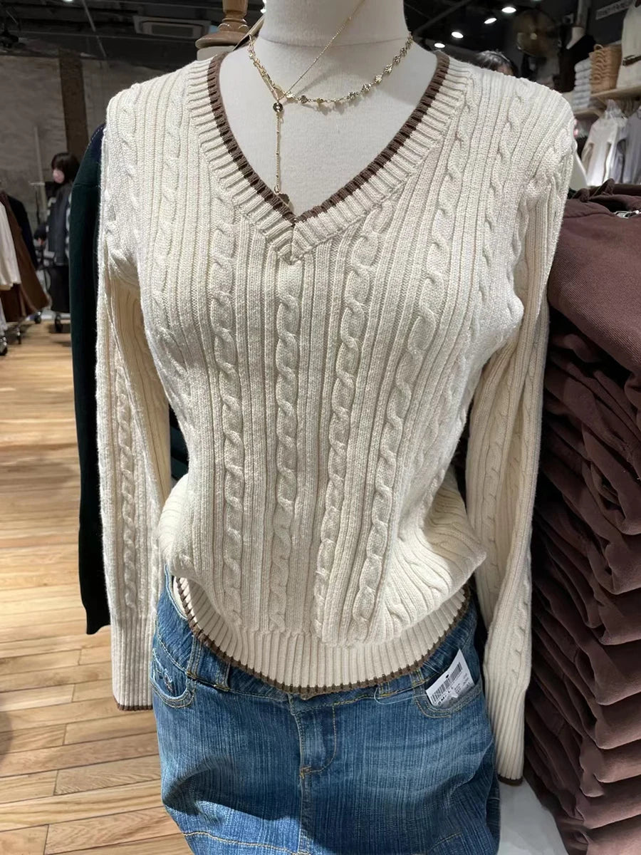 New Twisted Flower Beige Knit Sweater Women V Neck Autumn Cotton Slim Pullover Tops Sweet Preppy Style Vintage Jumpers Y2k