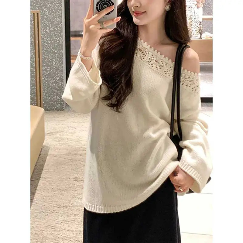 Women Clothes Spring Autumn Fashion Korean Hollow Out Solid Color Slash Neck Ladies Simplicity Sexy Trend Knitting Sweater Tops