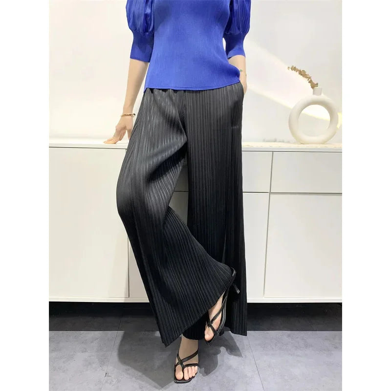 Miyake Summer Pants Women's Comfortable Casual 2023 New Loose Straight Leg Pants Wide Leg High Waist Slim Pleated Pants