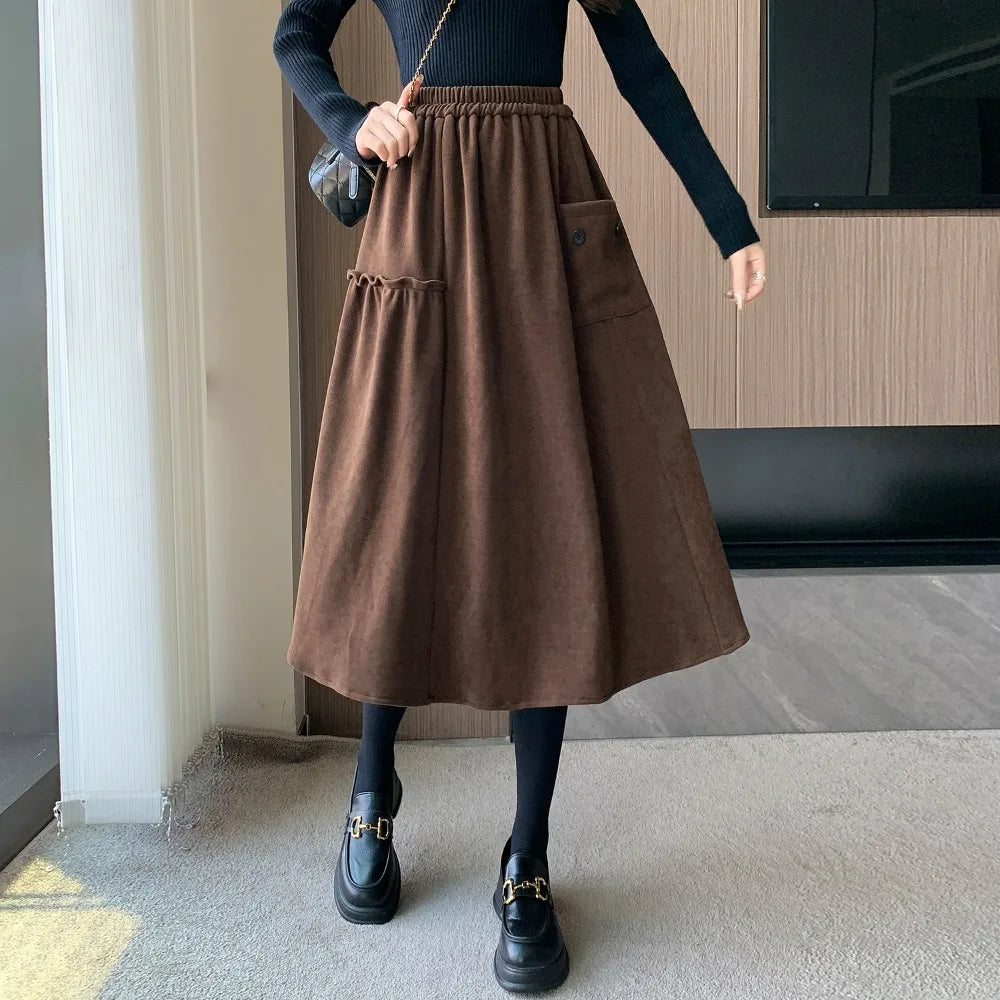 Casual High Waist Knit button A-line Long Pleated Skirts Korean Streetwear Fashion Autumn Plus Size Clothing