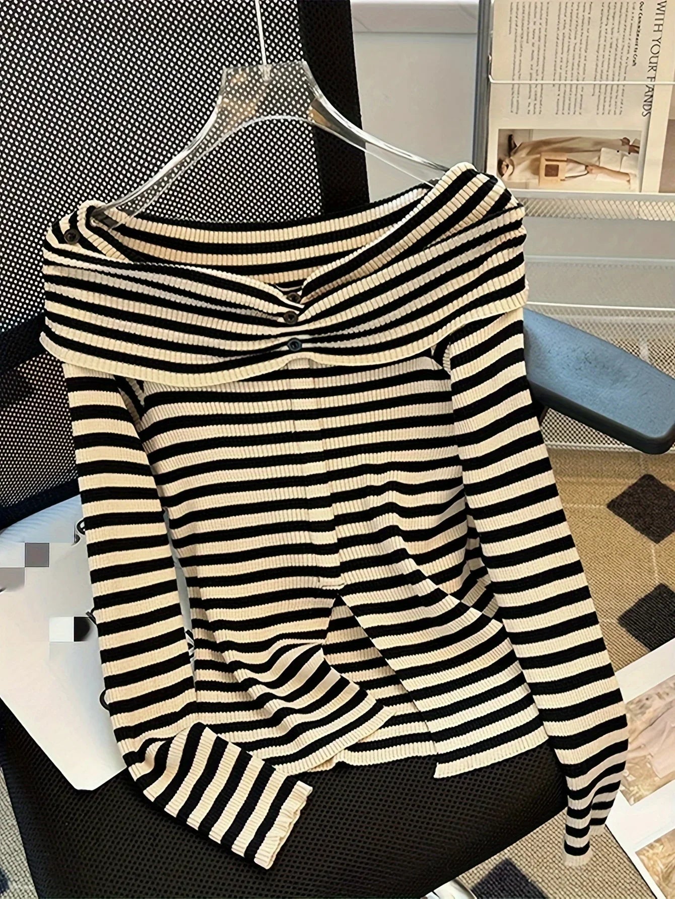 New Striped Off Shoulder Knitted Top Casual Ruched Long Sleeve Split Sweater For Spring & Fall, Women's Clothing