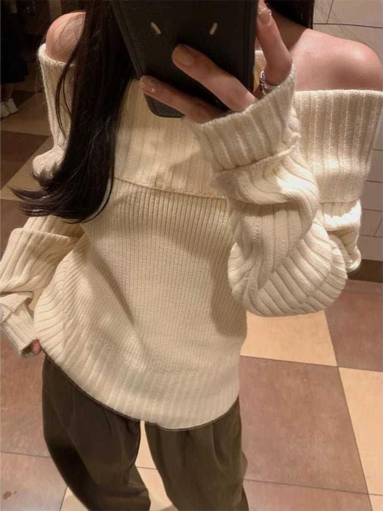 Deeptown Vintage Off Shoulder Sweater Women Solid Elegant Sexy Knitwear Long Sleeve Jumper Slash Neck Causal Harajuku Pullovers