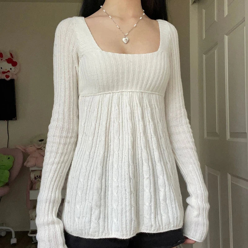 Vintage Babydoll Tops Pullovers Lady Aesthetic Coquette Knit Sweaters Outfit Autumn Square Neck Long Sleeve Knitwear Jumpers Y2k
