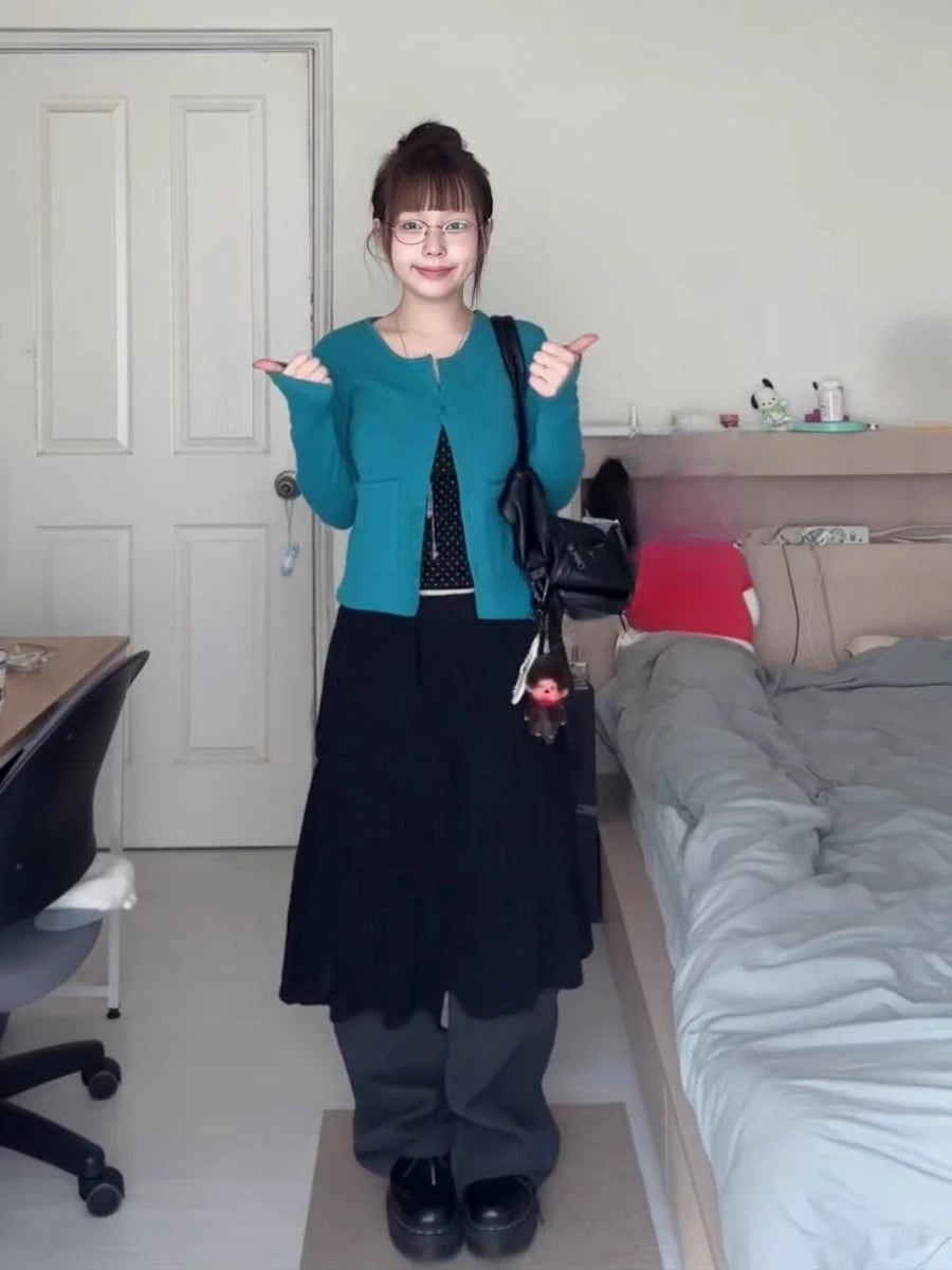 Korean Spring Solid Color All Match Single Breasted Long Sleeved Knitted Cardigan + Polka Dot Tank Top High Street 2 Pcs Sets