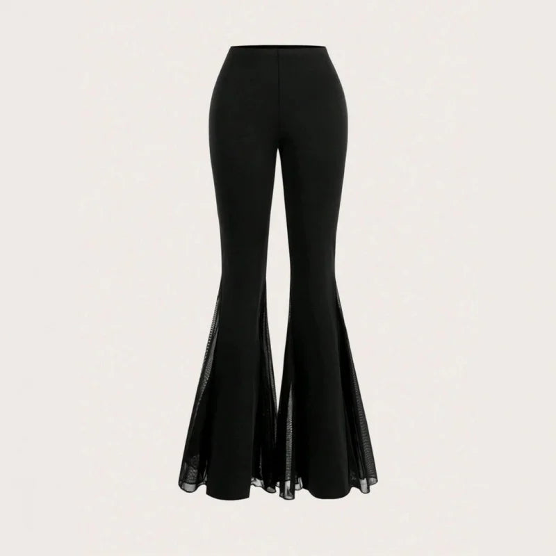Women Spring Summer Elegant Black Knitted High Waist Flare Pants Mesh Splice Slim Fit Long Trousers Elegant Commute Wear