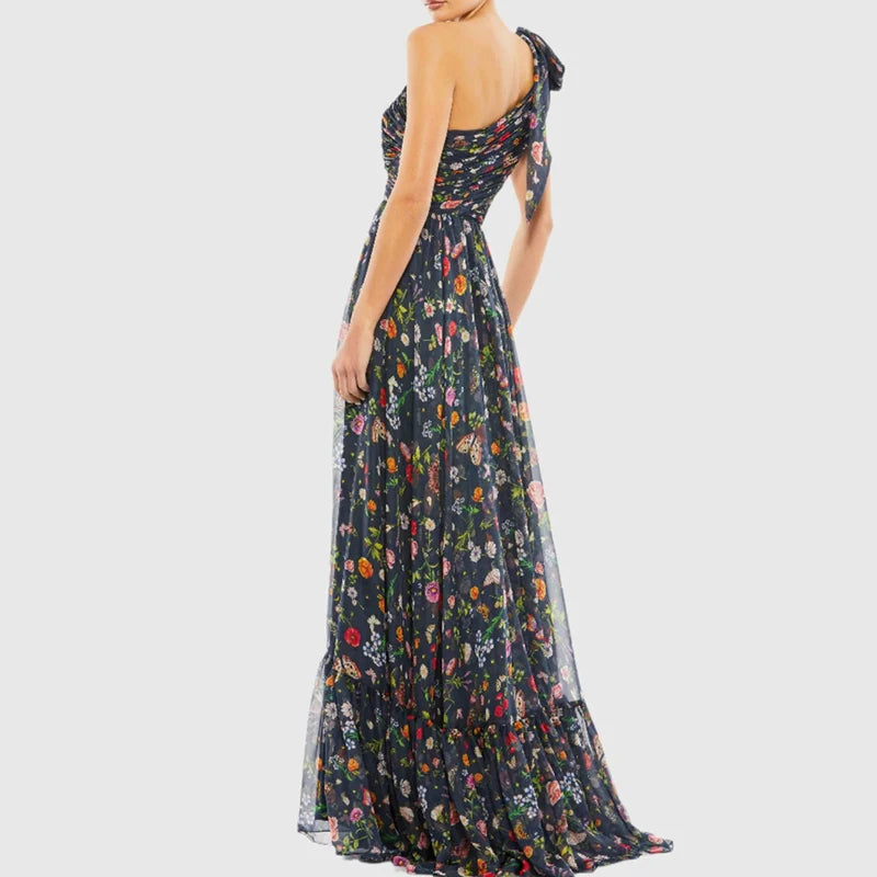 Lady Elegant Off Shoulder Hollow High Waist Dress Mesh Split Swing Prom Long Dress Leisure Floral Print Sleeveless Evening Dress