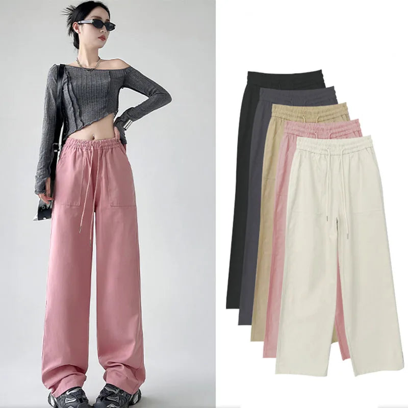 Vintage Big Pocket Wide Leg Pants Women Solid Color All-Match Baggy Casual Pants Woman Hiigh Waist Loose Straight-Leg Trousers